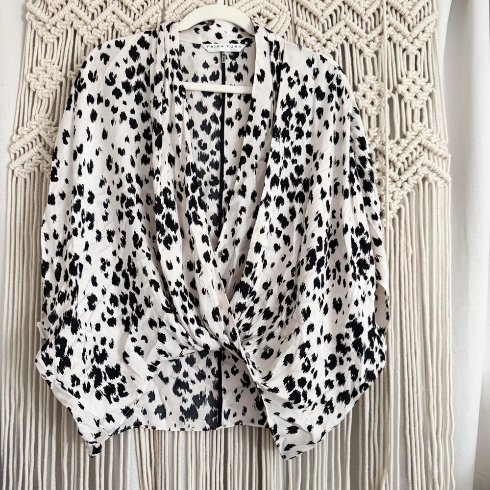 Trina Turk Cloudy Leopard Print Twist-Front Top S… - image 1